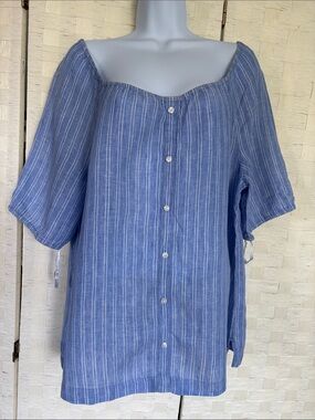 TALBOT Linen Blouse  Blue White striped Off Shoulder size M